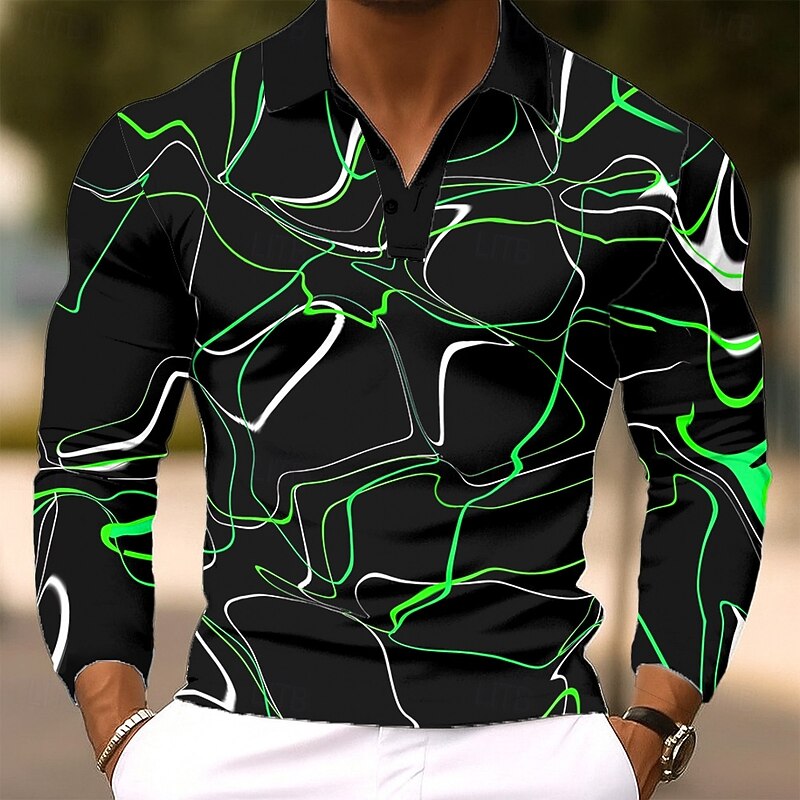 Men's Lightning Geometic Polo Long Sleeve Polo Shirts Lapel Casual Outdoor Street Athleisure Daily Wear 3D Print Buttons Spring Fall Winter Blue Orange Green