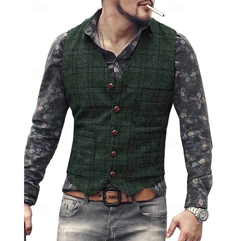 Men's Vest Waistcoat Gilet Vacation Party Business Fashion Casual Spring Fall Pocket Buttons Polyester Comfortable Plaid Single Breasted One-button V Neck Regular Fit Black Champagne Navy Blue Green3