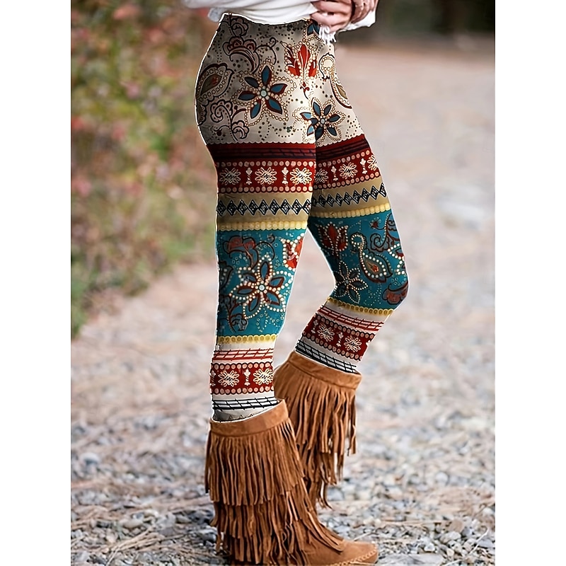 Women's Slacks Leggings Cozy Leggings Vacation Vintage Streetwear Full Length Natural Graphic Geometric Paisley Elastic Waist Print Comfy Outdoor Comfortable High Elasticity Outdoor Vacation Street