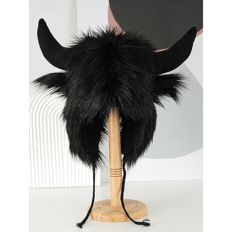 Unisex Halloween Plush Horn Hat – Furry Viking Bull Costume Cap with Warm Lining for Men and Women Cosplay, Party and Winter Wear3