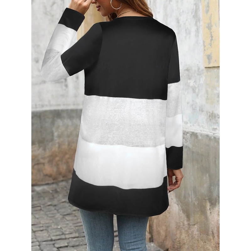 Women's Casual Jacket Comfortable Breathable Print Casual Stripe Vacation Street Daily Wear Going out Open Front Regular Turndown Regular Fit Long Sleeve Outerwear Black Spring Fall2