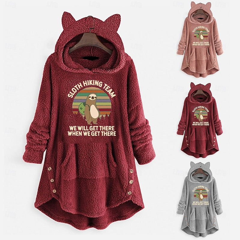 Women's Pullover Hoodie Sweatshirt Cat Casual Long Sleeve Hooded Long Tops Street Dailywear Pink Wine Gray Fall Winter