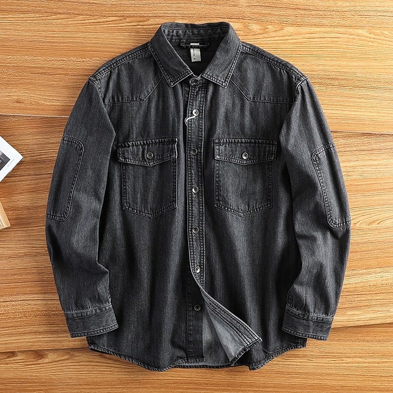 Men's Shirt Summer Shirt Casual Shirt Button Up Shirt Denim Shirt Black Blue Long Sleeve Plain Lapel Vacation Hawaiian Pocket Clothing Apparel Polyester Fashion Casual Comfortable4