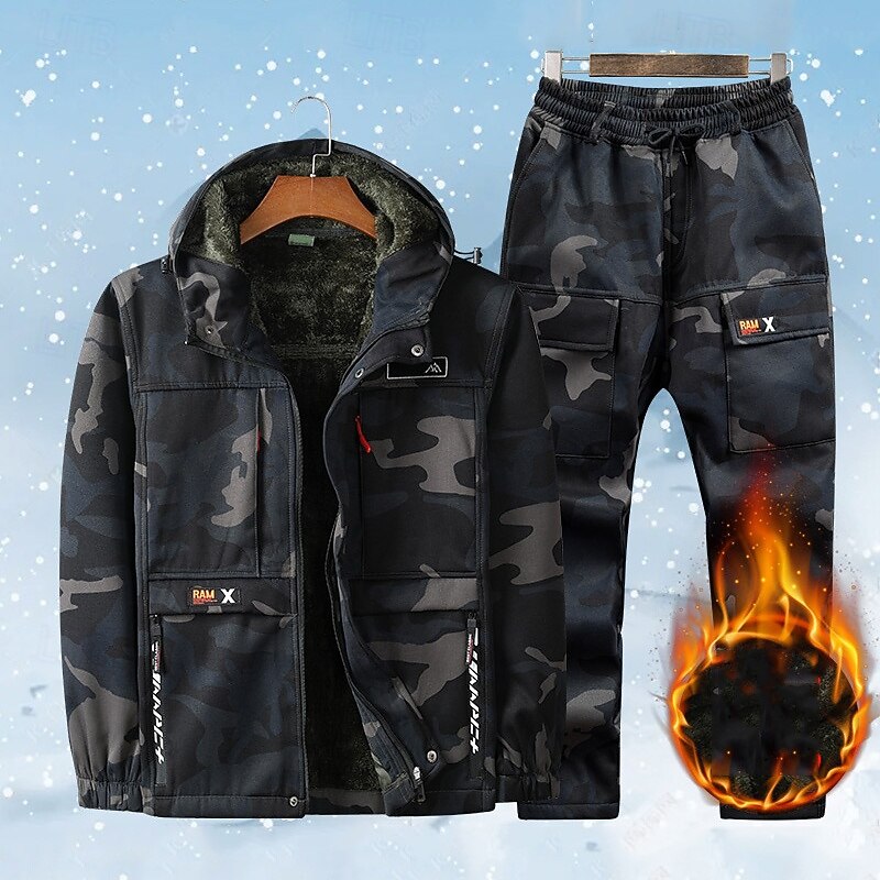 Men's Hiking Jacket Fleece Jacket Puffer Jacket Thermal Set Cotton Winter Outdoor Camo Thermal Warm Windproof Top Black Green2