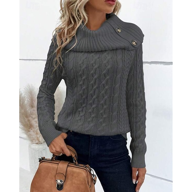 Women's Sweater Pullover Fashion Casual Pure Color Ribbed Turtleneck Buttons Knitted Long Sleeve Regular Tops Knit Outdoor Daily Weekend Khaki Dark Gray Fall Winter2