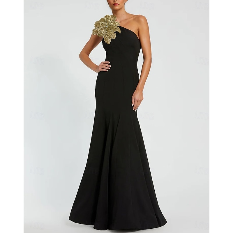 Black Tie Mermaid / Trumpet Evening Gown Elegant Formal Dress Formal Wedding Floor Length Sleeveless One Shoulder Capes Stretch Crepe with Shawl 20254