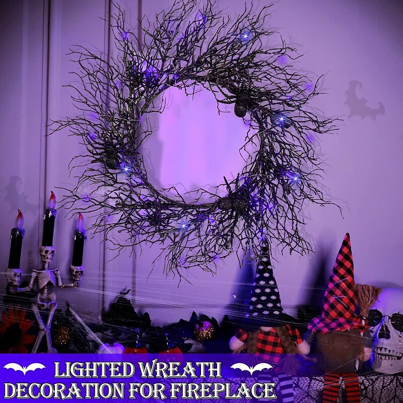 Halloween Wreaths for Front Door with LED, Spooky Ghost Eyes Black Branch Skeleton Pumpkin Halloween Decor Indoor, Halloween Door Wreath for Window Party Farmhouse Indoor Home2