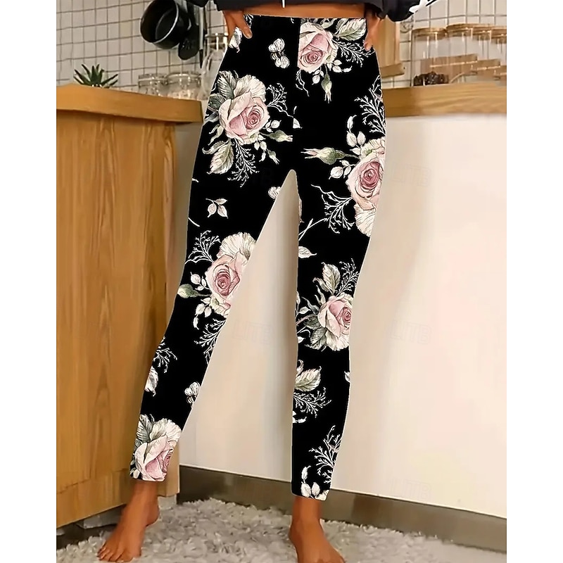 Women's Leggings Cozy Leggings Fashion Basic Casual Full Length High Waist Floral Printing Thermal Warm Comfortable Stretchy Vacation Casual Daily Black Spring Fall Slim Fit