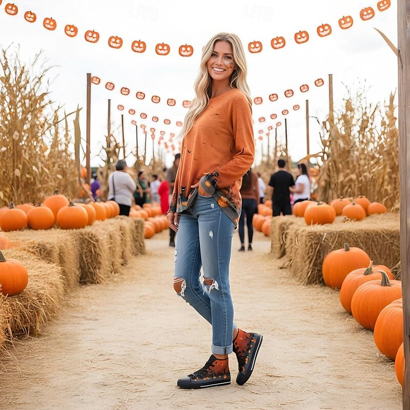 Women's High Top Canvas Sneakers with Cat and Pumpkin Print – Gothic Halloween Party Shoes for Walking and Casual Wear2