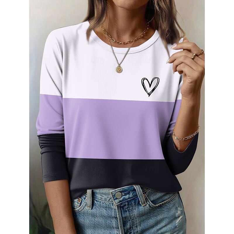 Women's T Shirt Heart Graphic Geometric Vintage Fashion Stylish Long Sleeve Crew Neck Round Neck Regular Tops Daily Weekend Print Blue Purple Green Khaki Summer Spring Fall3
