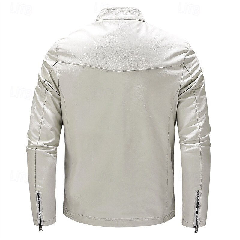 Men's Faux Leather Jacket Fleece Jacket Biker Jacket Motorcycle Jacket Vacation Daily Windproof Warm Pocket Fleece Fall Winter Plain Fashion Classic Stand Collar Regular Black White Wine Jacket4
