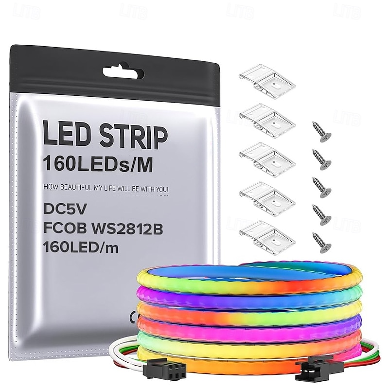 5V 5MM Width 1-5M COB WS2812B IC RGB 160LED/m LED Strip Individual Addressable Flexible High Density Uniform Light Dream Chasing Color2