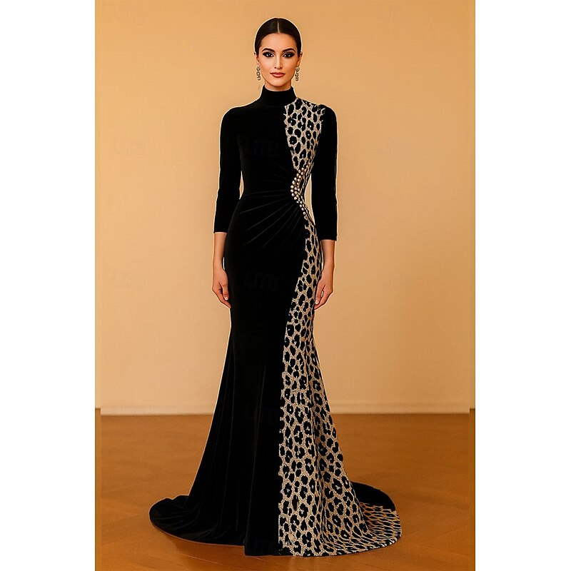 Black Tie Stretch Velvet Leopard Print Mermaid / Trumpet Evening Gown Elegant Formal Dress Formal Wedding Sweep / Brush Train 3/4 Length Sleeve High Neck with Ruched Pearls 2025