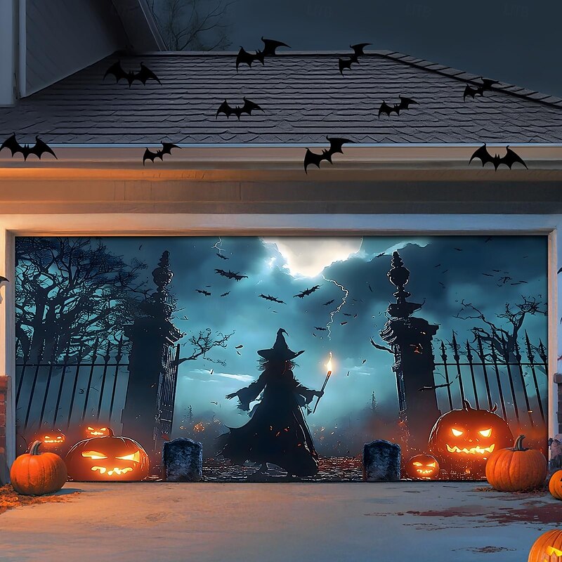 Halloween Garage Door Cover Pumpkin Skull and Bat Castle Banner Haunted House Horror Scene Spooky Backdrop Tapestry for Outdoor Wall Fence Yard Halloween Party Decoration