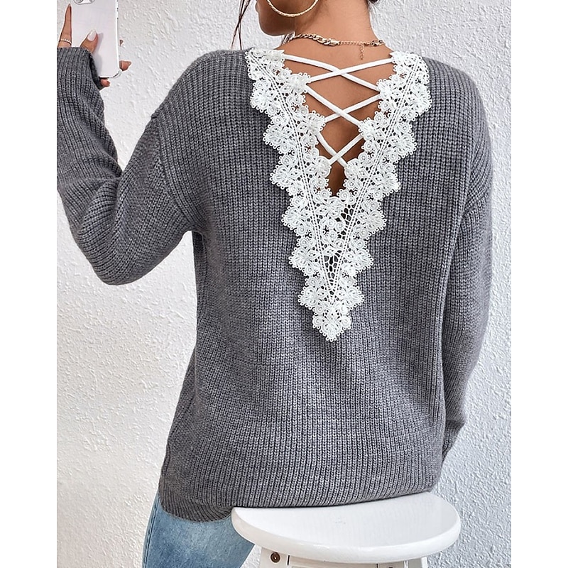 Women's Sweater Pullover Streetwear Sexy Solid Color V Neck Lace Patchwork Knitted Long Sleeve Regular Tops Knit Outdoor Daily Holiday Black Blue Fall Winter