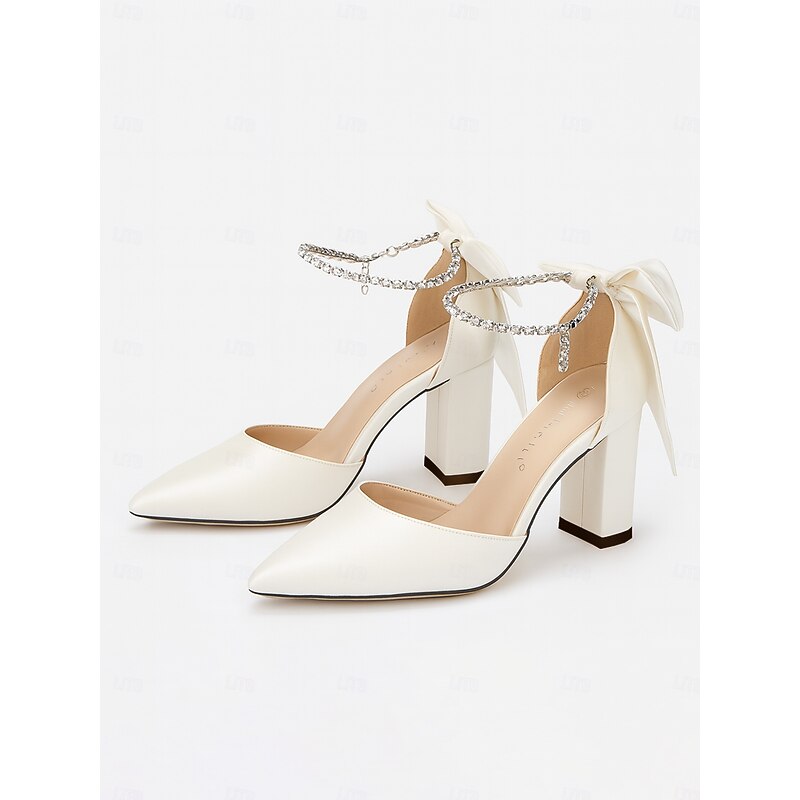 Women's Satin Block Heel Pumps - Elegant Pointed Toe Ankle Strap High Heels with Bow for Wedding and Formal Occasions4