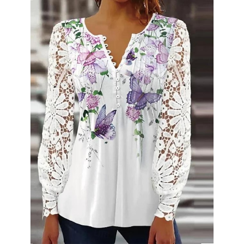 Women's Lace Shirt Blouse Floral Elegant Stylish Basic Long Sleeve V Neck Regular Tops Daily Lace Buttons Print White Blue Sky Blue Purple Spring Fall3