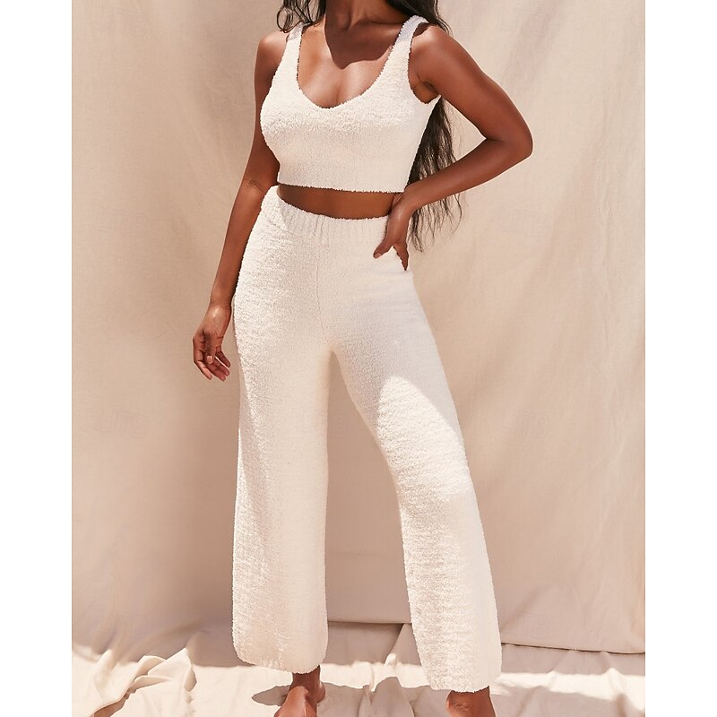 Women's Active Streetwear Pants Sets Bolero Top Sleeveless V Neck Plain Outdoor Vacation Daily White Pink Blue Fall Regular Fit3