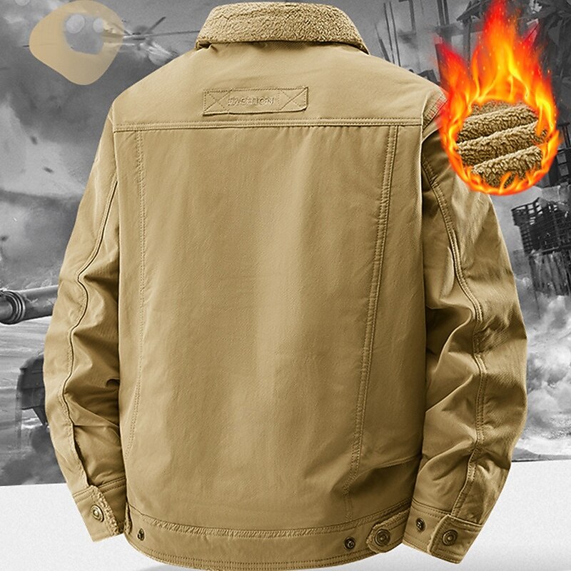 Men's Winter Jacket Fleece Jacket Cargo Jacket Casual Jacket Vacation Daily Thermal Warm Pocket Fleece Fall Winter Plain Fashion Streetwear Lapel Regular Khaki Army Green Dark Blue Jacket3