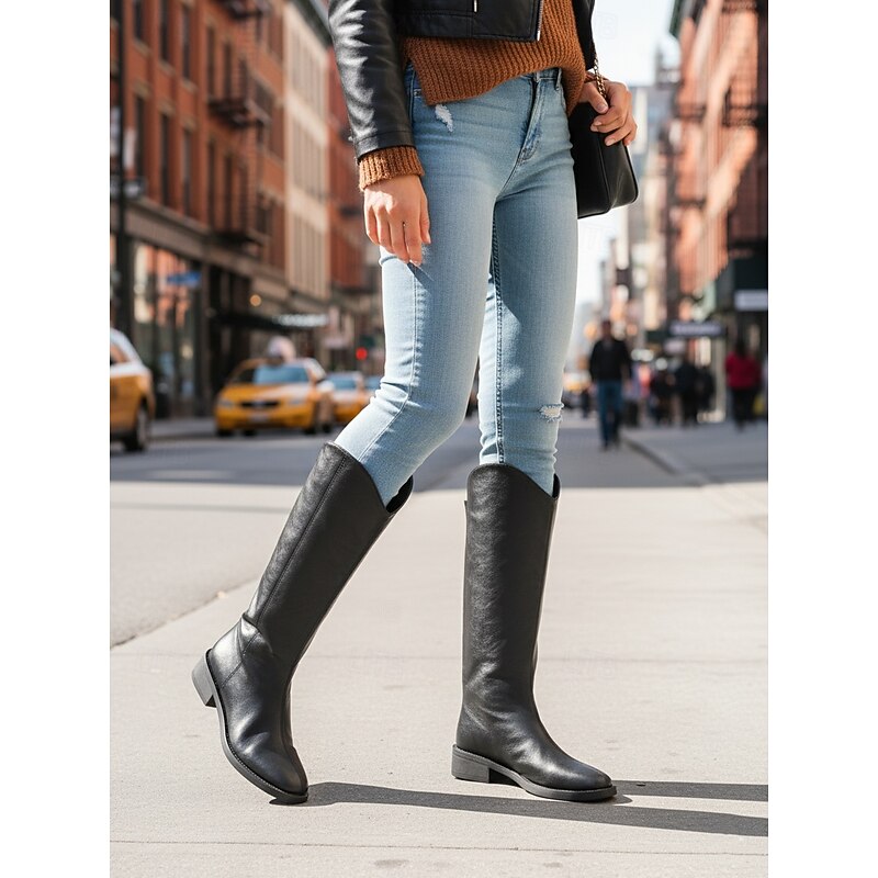 Women's Black Knee-High Riding Boots with Low Block Heels, Sleek Minimalist Design for Urban Fashion Styling2