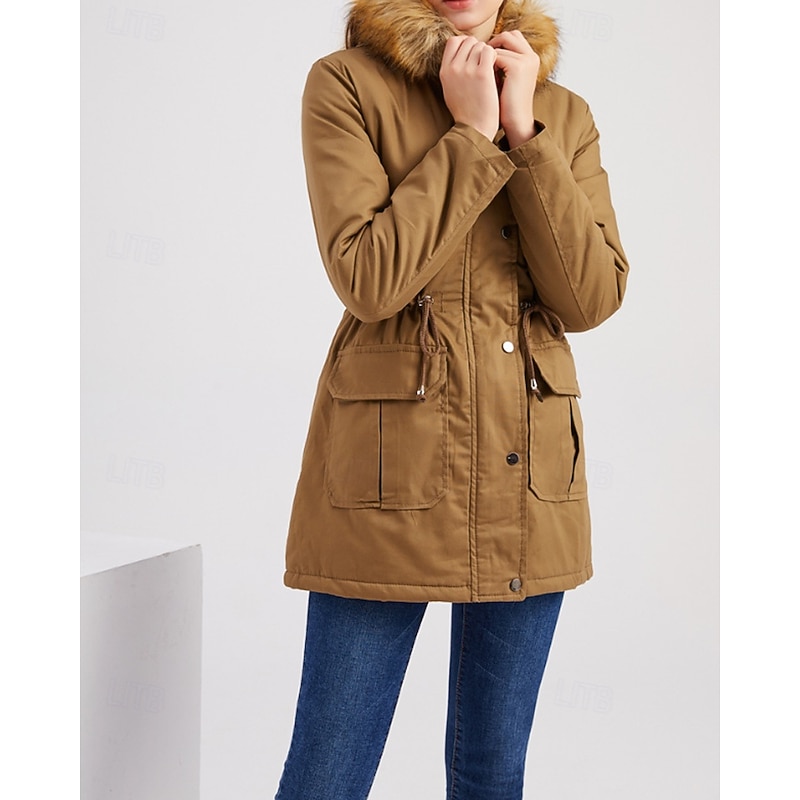 Women's Winter Coat Hoodie Jacket Warm Comfortable Zipper Pocket Casual Plain Vacation Daily Wear Going out Weekend Long Hooded Regular Fit Long Sleeve Outerwear Black Wine Khaki Fall Winter4