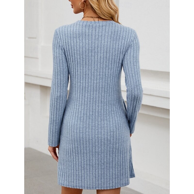 Women's Mini Dress A Line Dress Casual Daily Loose Fit Plain Long Sleeve Crew Neck Black Light Brown Blue Fuchsia Fall Winter3