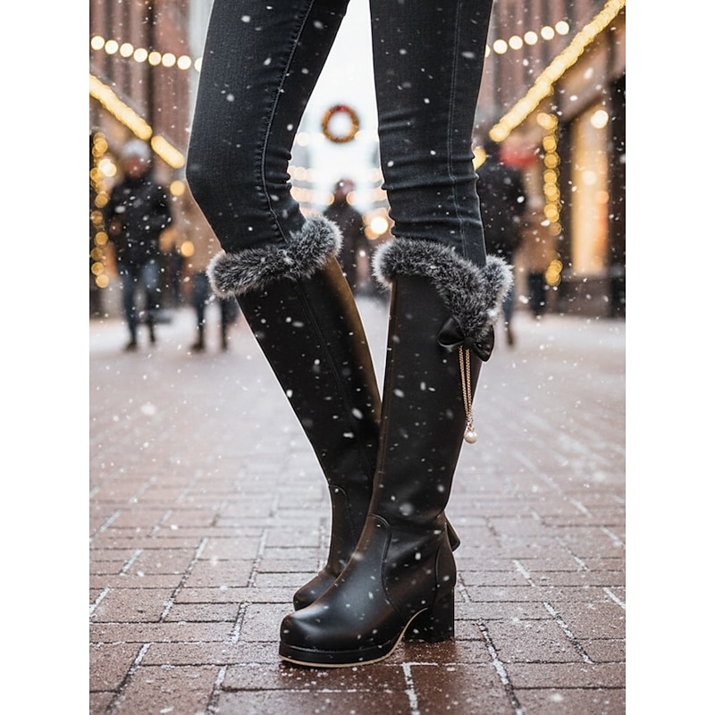 Women's Black Knee High Boots – Faux Leather Winter Boots with Faux Fur Trim, Bow and Pearl Charm for Christmas, Party and Outdoor Wear