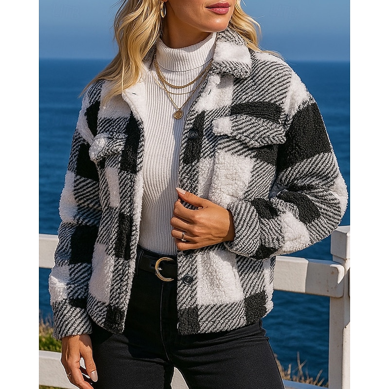 Women's Winter Coat Polar Fleece Jacket Buttons Long Sleeve Top Athleisure Plaid Checkered Warm Outdoor Travel Sports Sportswear Activewear Black Khaki3