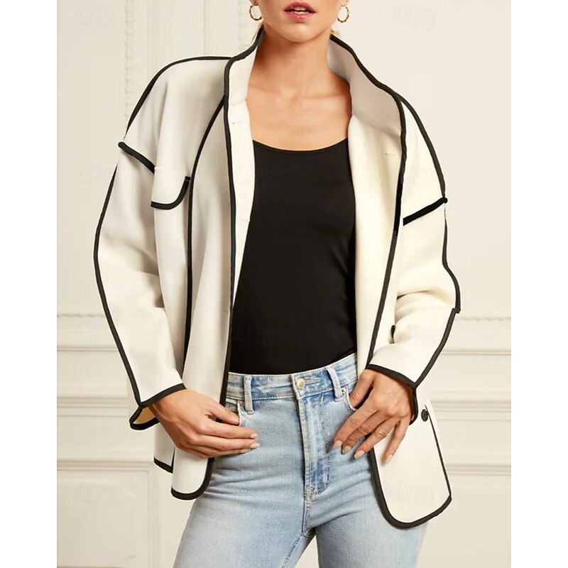 Women's Winter Coat Jacket Warm Comfortable Pocket Buttons Casual Color Block Vacation Street Going out Weekend Regular Stand Collar Regular Fit Long Sleeve Outerwear White Coffee Fall Winter2