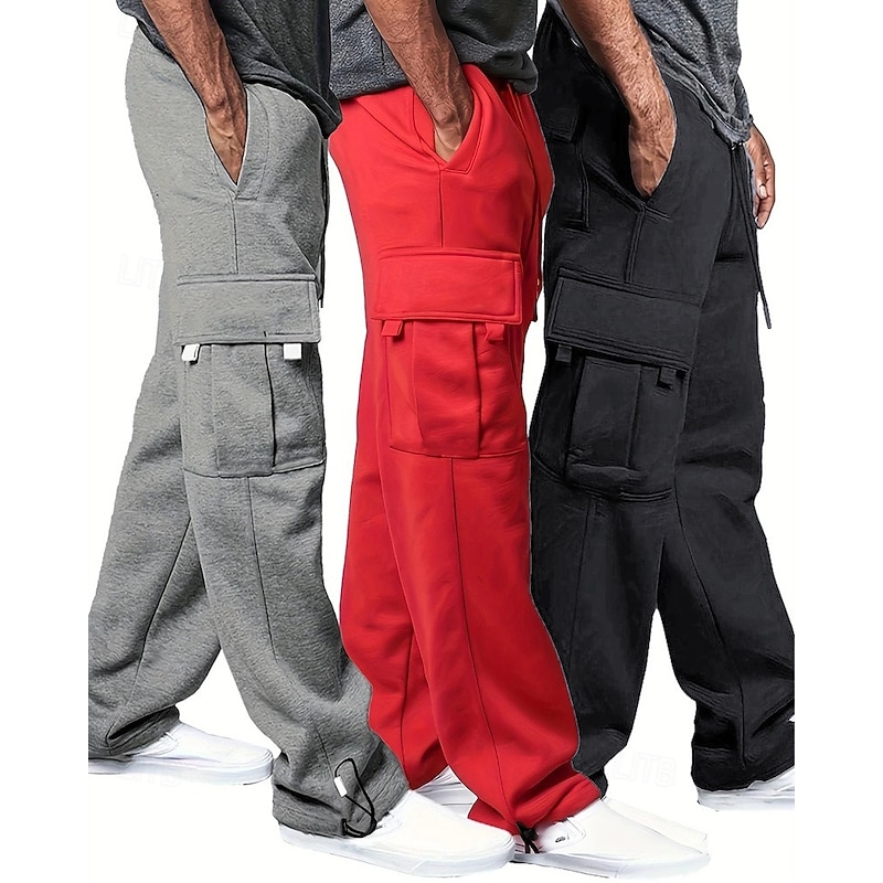 Multi Packs 3pcs Men's White+Red+Pink Wide Leg Sweatpants Trousers Drawstring Elastic Waist Plain Vacation Daily Wear Polyester Spring3