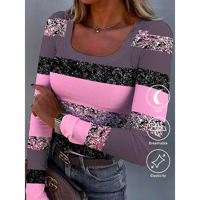 Women's Tunic Graphic Geometric Striped Vintage Fashion Stylish Long Sleeve Square Neck Regular Tops Daily Print Pink Blue Rose Pink Spring Fall Winter