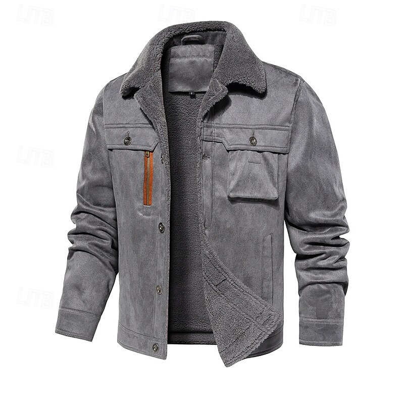 Men's Faux Suede Jacket Winter Jacket Fleece Jacket Cargo Jacket Vacation Daily Thermal Warm Pocket Fleece Fall Winter Plain Fashion Streetwear Lapel Regular Black Army Green Gray Jacket