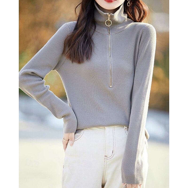 Women's Sweater Casual Soft Pure Color Ribbed Half Zip Knitted Long Sleeve Regular Tops Knit Outdoor Daily Weekend Gray Fall Winter2