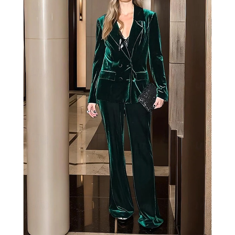 Women's 2 Pieces Suits Formal Wedding Guest Velvet Elegant Luxurious Long Sleeve Floor Length Notched Lapels Double Breasted