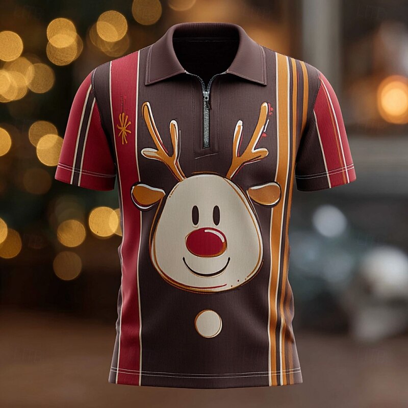 Christmas Men's Elk Zip Polo Short Sleeve Turndown Leisure Vacation Casual Daily Festival Zipper 3D Print Summer Black Red