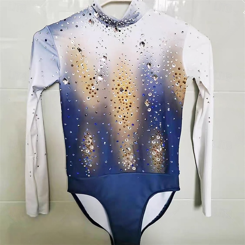 Figure Skating Top Men's Boys' Ice Skating Tops Blue White Patchwork Spandex High Elasticity Training Professional Competition Skating Wear Classic Crystal / Rhinestone Long Sleeve Ice Skating Figure3