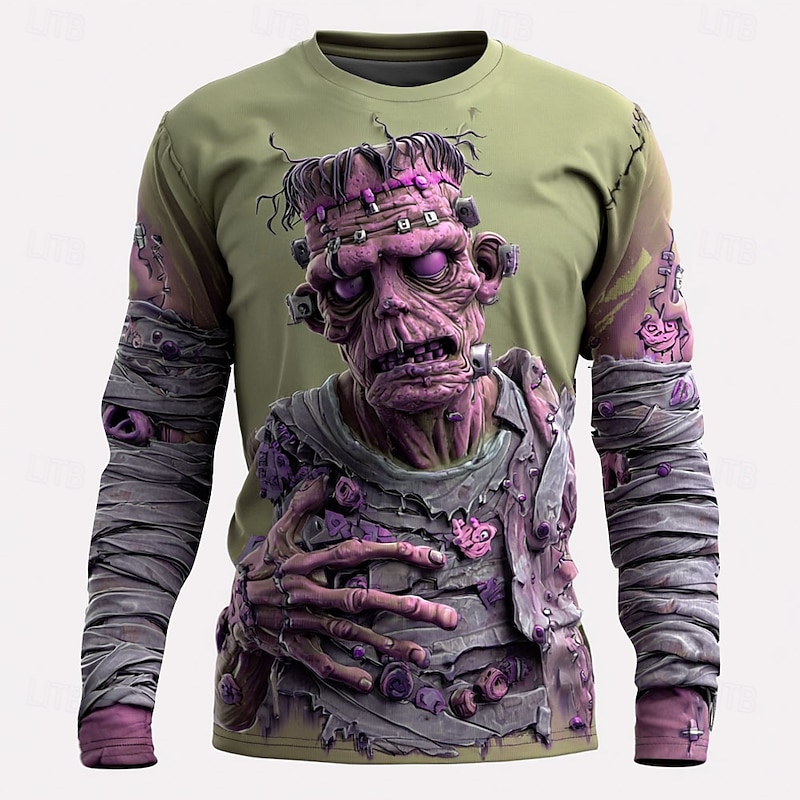 Halloween Men's Zombies 3D T Shirt Long Sleeve T shirt 3D Print Crew Neck Shirt Fashion Exaggerated Street Casual Daily Green 2# Blue Green Summer Spring Fall Clothing Apparel S M L XL XXL XXXL3