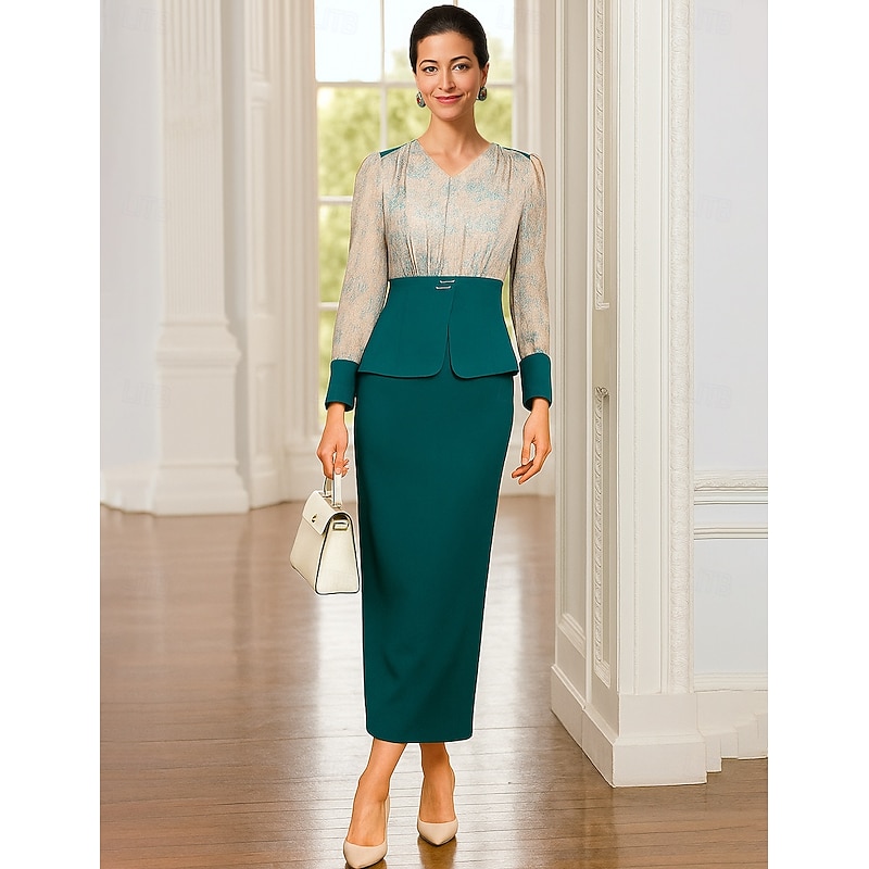 Two Piece Dress Sets Mother of the Bride Dress Formal Elegant Vintage V Neck Tea Length Chiffon Long Sleeve with Color Block