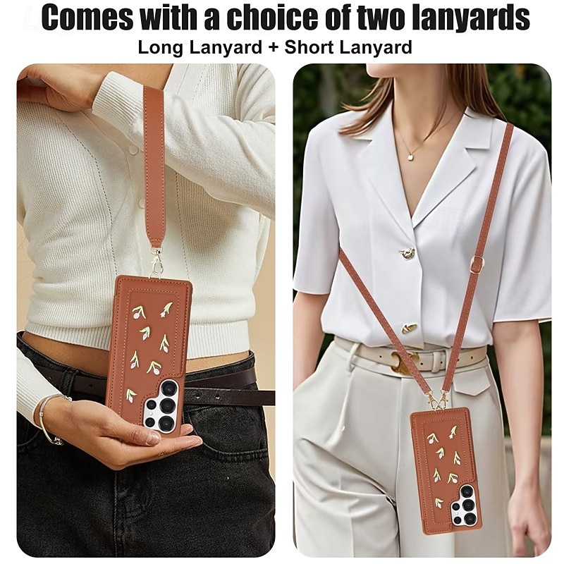 Phone Case For Samsung Galaxy S25 S24 S23 Ultra Plus A56 A36 A16 A55 5G A35 5G A15 A14 Back Cover with Lanyard Kickstand Card Slot Retro Flower Floral TPU PU Leather3