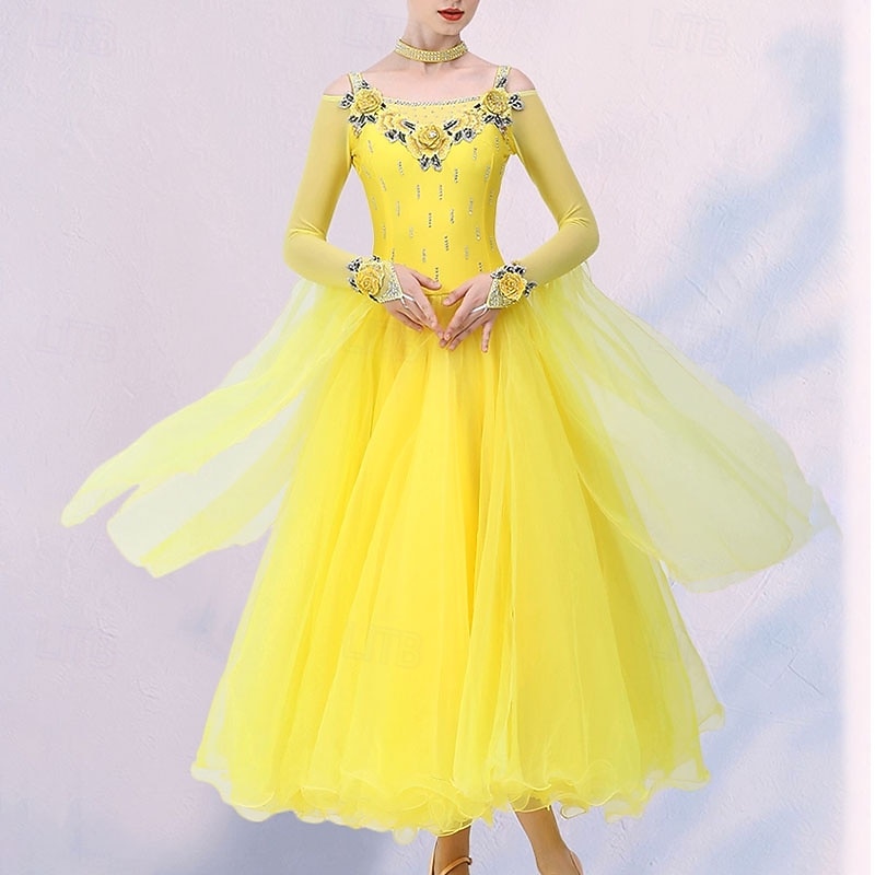 Ballroom Dance Dress Crystals / Rhinestones Women's Performance Party Long Sleeve Spandex3