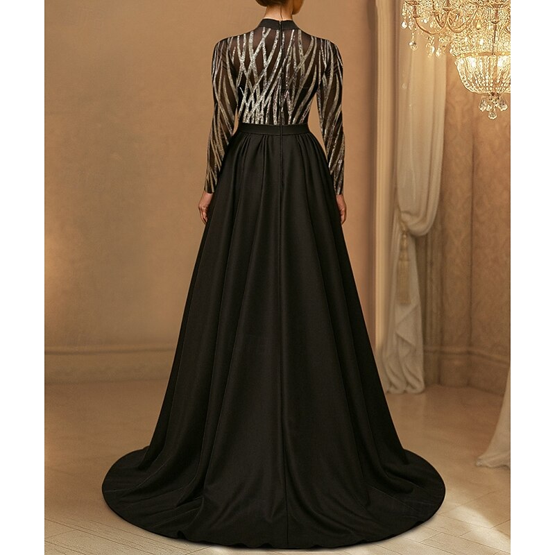 Black and Gold Sequin A-Line Evening Gown with Detachable Overskirt Elegant Dress Formal Wedding Sweep / Brush Train Long Sleeve High Neck Satin with Pleats 20253