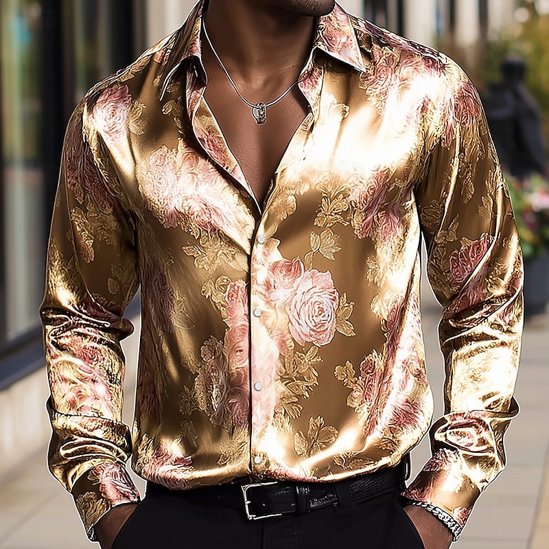 Men's Floral Print Rose Flowers Shirt Satin Shirt Dress Shirt Long Sleeve Vintage Retro Vacation Dailywear Summer Spring Fall Turndown 3D Print Button Up Shirts Gold - Main Image