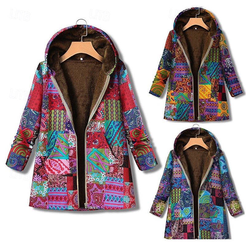 Women's Sherpa Jacket Casual Jacket Comfortable Breathable Print Casual Geometric Vacation Street Casual Daily Wear Open Front Regular Hooded Regular Fit Long Sleeve Outerwear Yellow Pink Blue Spring4