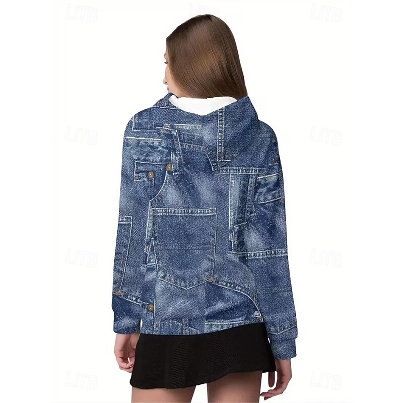 Women's Pullover Hoodie Sweatshirt Graphic Geometric Punk Active Vintage Long Sleeve Hooded Regular Tops Street Dailywear Print Front Pocket Denim Blue Red Spring Fall Winter3