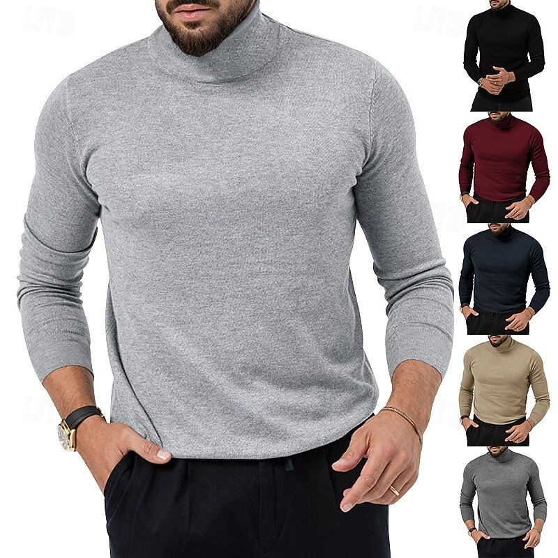 Men's Sweater Pullover Sweater Jumper Ribbed Knit Regular Tops Knitted Slim Fit Plain Turtleneck Knitwear Contemporary Casual Daily Wear Clothing Apparel Fall Winter Black Burgundy M L XL