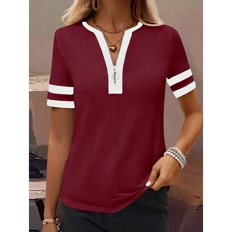 Women's T Shirt Plain Fashion Modern Casual Short Sleeve V Neck Regular Tops Daily Weekend Black Wine Army Green Blue Khaki Summer Spring4