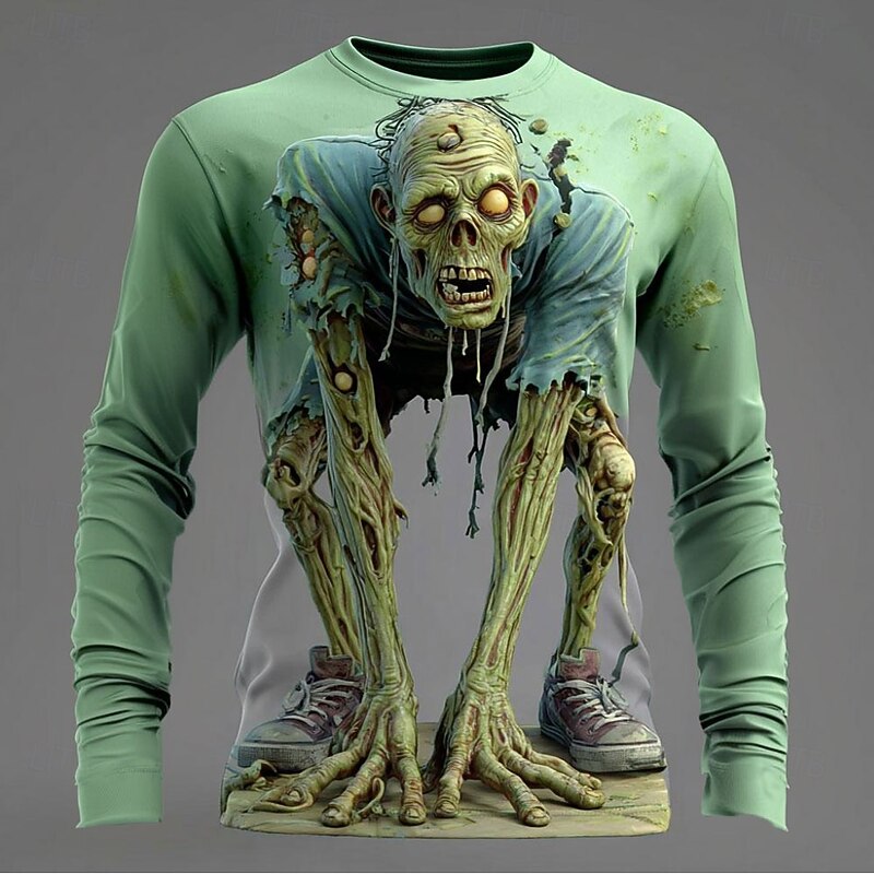 Halloween Men's Zombies 3D T Shirt Long Sleeve T shirt 3D Print Crew Neck Shirt Fashion Exaggerated Street Casual Daily Pink Blue Purple Summer Spring Fall Clothing Apparel S M L XL XXL XXXL 4XL