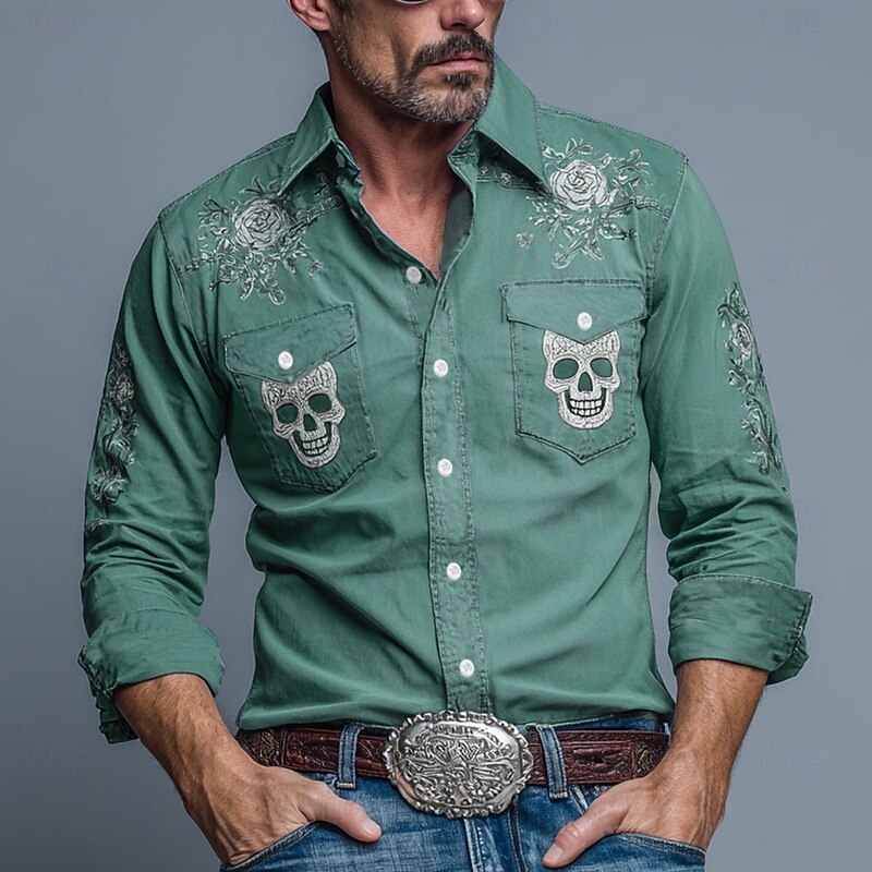 Men's Skull Day of the Dead Flowers Shirt Western Shirt Cowboy Shirt Long Sleeve Vintage Retro Outdoor Holiday WorkWear Spring Fall Turndown Front Two Pockets Linen Like Shirt Button Up Shirts Blue2