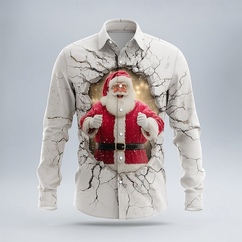 Christmas Men's Santa Claus Cracked Wall Shirt Button Up Shirt Long Sleeve Funny Outdoor Holiday Spring Fall Turndown 3D Print Collared Shirts White 1 White White 2