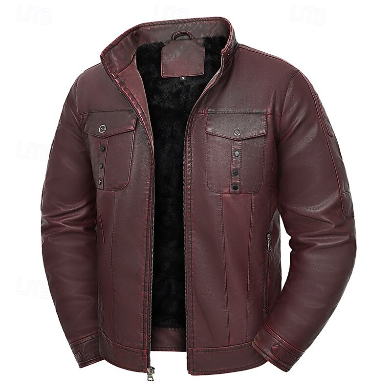 Men's Faux Leather Jacket Fleece Jacket Biker Jacket Motorcycle Jacket Vacation Daily Windproof Warm Pocket Winter Plain Fashion Classic Stand Collar Regular Wine Jacket